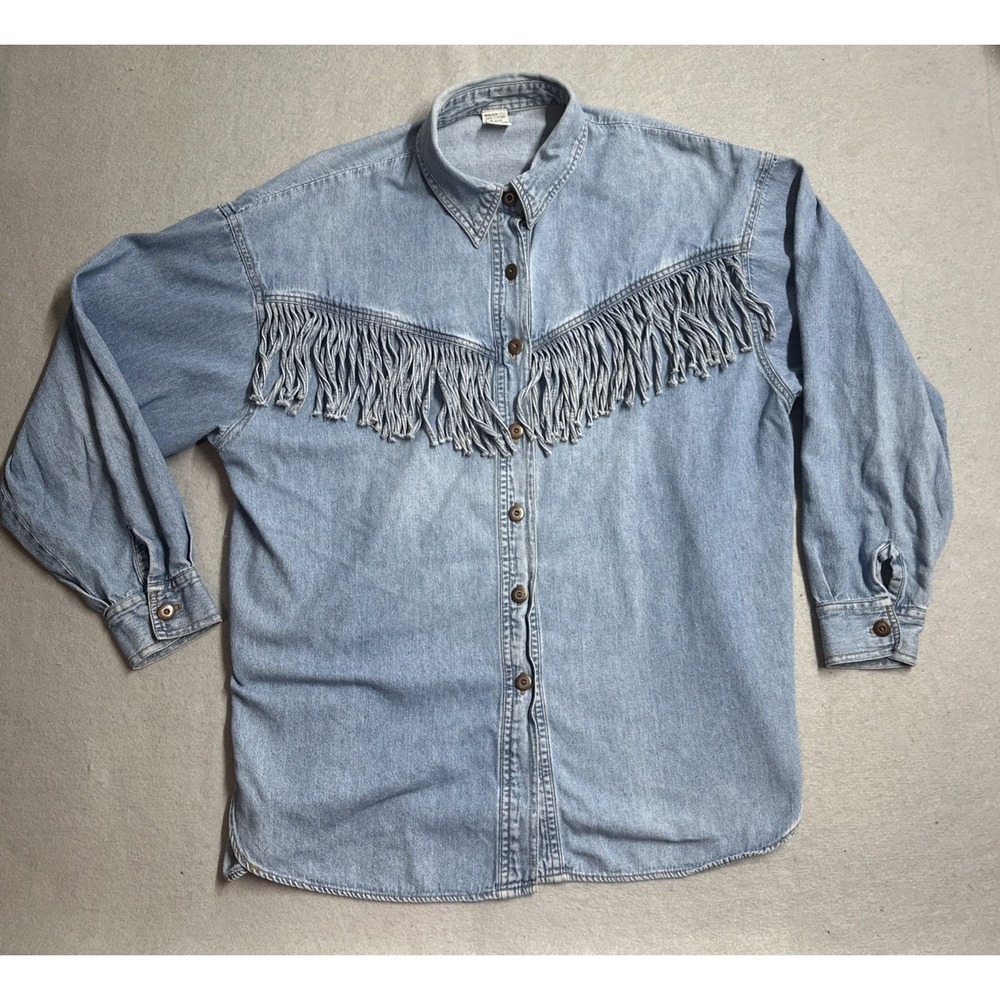 CASSINI Jeans long sleeve light blue fringe Cowgirl Western Vintage Shirt M